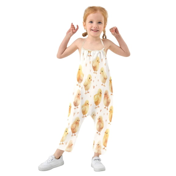 Girls' Jumpsuits Rompers Summer Casual Sleeveless Rompers With Pockets Spaghetti Strap Romper Yellow and Cream Chicks 1T