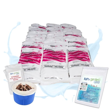 PristinePower 24 lb Non Chlorine Shock for Pools & Spas Clears Cloudy Water & Removes Contaminants Includes My Garden Pool 2 Scum Socks 7 in 1 Test Strip & Pool IQ Assistant