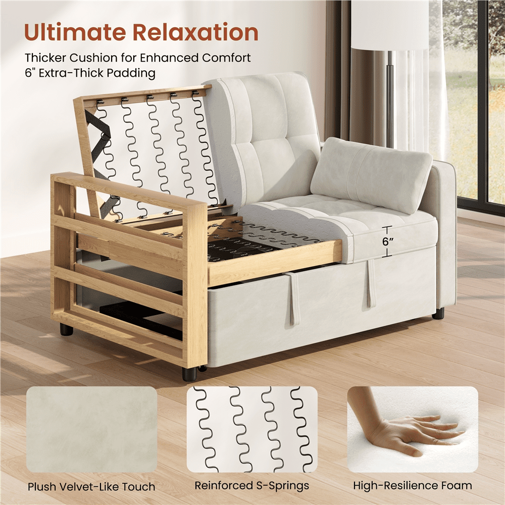Renwick Convertible Sleeper Sofa Bed 3-in-1  Pull Out Couch Velvet Loveseat Couch with Adjustable Backrest, USB Ports, Side Pockets and Pillows for Living Room Bedroom, Beige