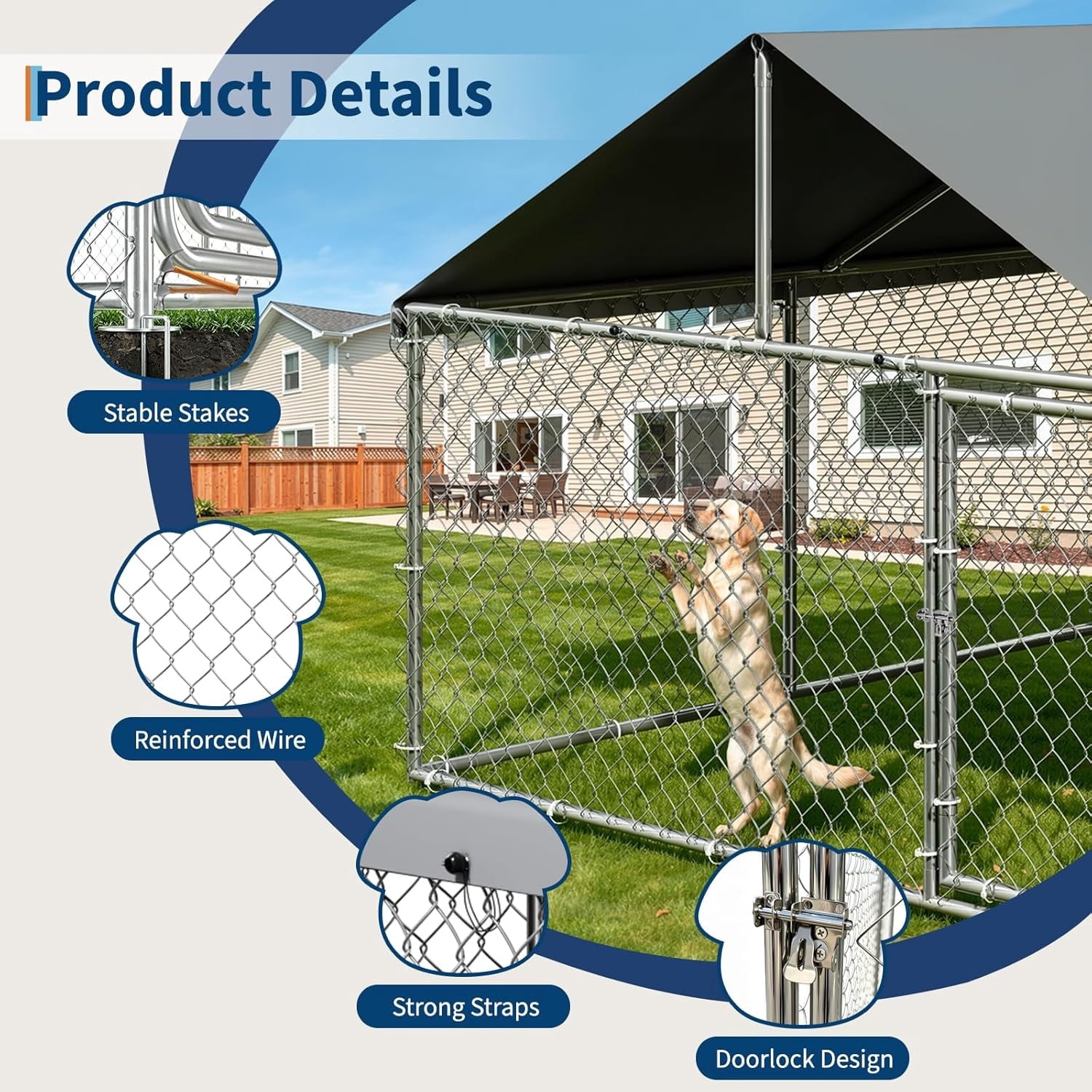 7.5×7.5×5.4 Ft Home Large Metal Outdoor Dog Kennel, Metal Wire Dog Enclosure with Waterproof Roof & Adjustable Bowls Feeder for Backyard Farm