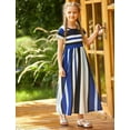 thumbnail image 3 of Oudiya Girls Maxi Striped Dress Short Sleeve O-Neck Casual Holiday Dress with Pockets Blue for Kids 8-9Y, 3 of 9