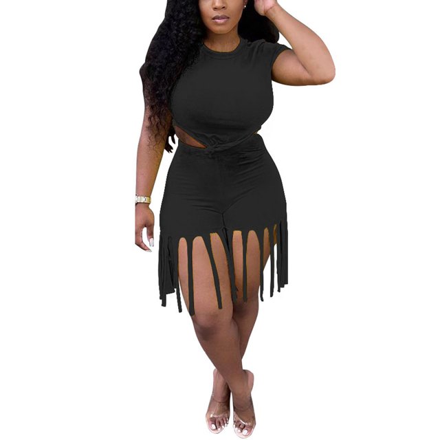 ITFABS Sports Outfits Short Sleeve Knot Crop Top + Fringe Fifth Pants