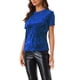thumbnail image 4 of Camiseta de terciopelo de mujer Inspire Chic para fiesta, cuello redondo, manga corta, casual, color azul zafiro, 4 of 6