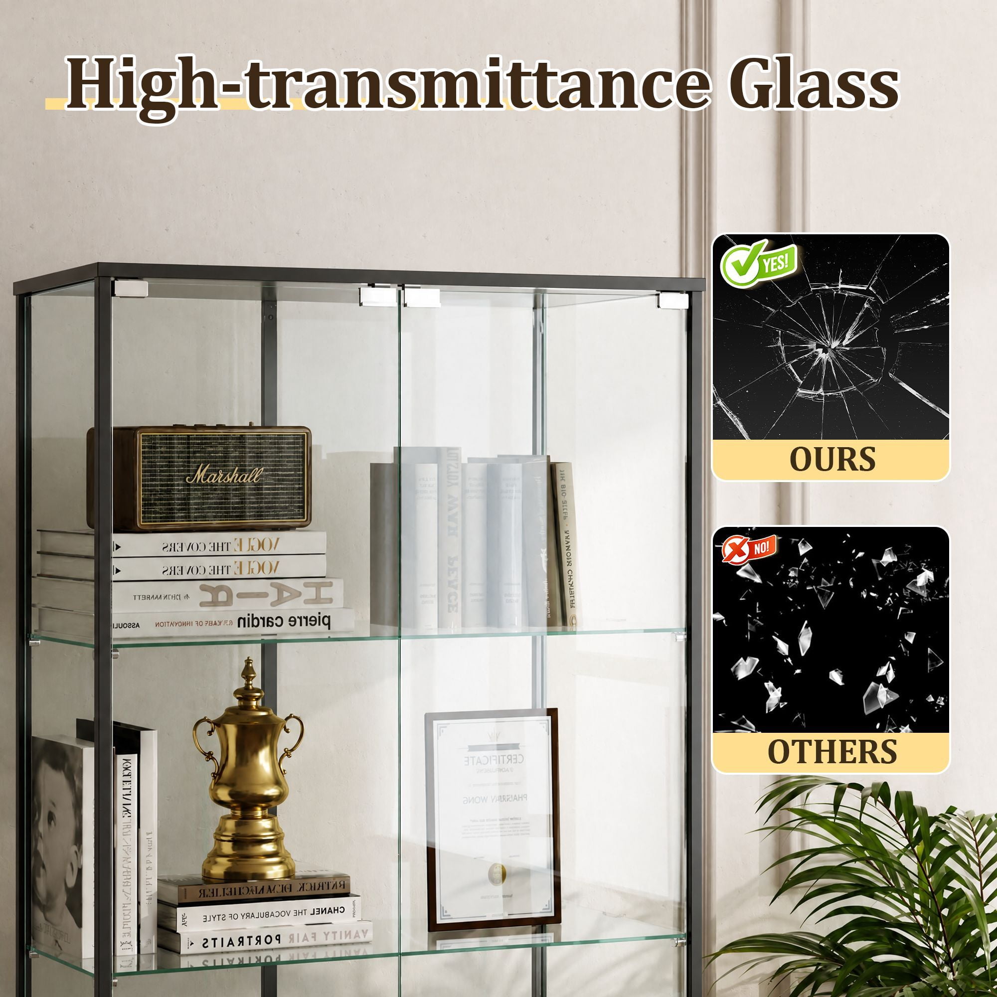 Clarvion 66" Display Cabinet with Glass Door, 4-Tier Tempered Glass Curio Cabinet, Double Door Display Case for Collectibles, Black
