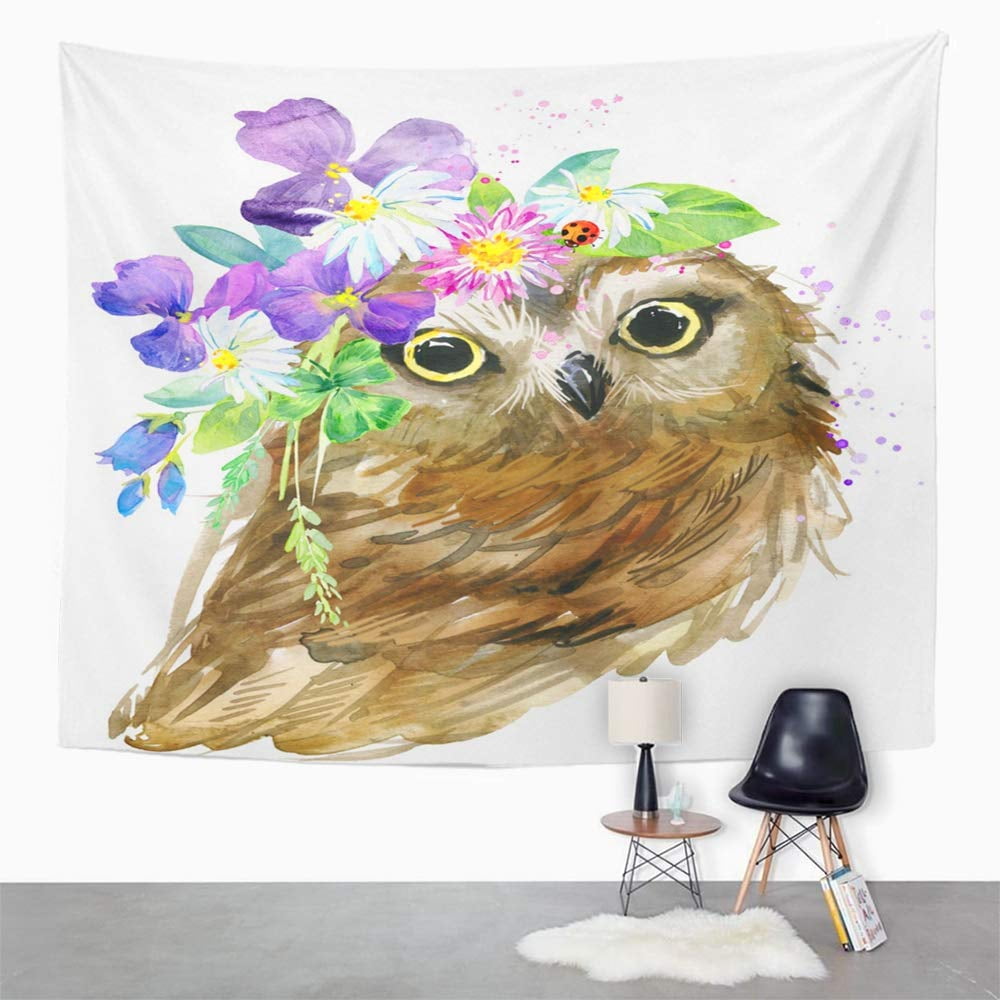 ZEALGNED Abstract Cute Owl Watercolor Forest Bird Cartoon Beautiful Drawing  Drawn Fun Wall Art Hanging Tapestry Home Decor for Living Room Bedroom 