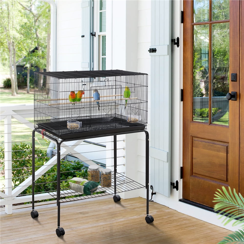 Alden Design 47" Metal Bird Cage with Slide-Out Tray and Rolling Stand, Black