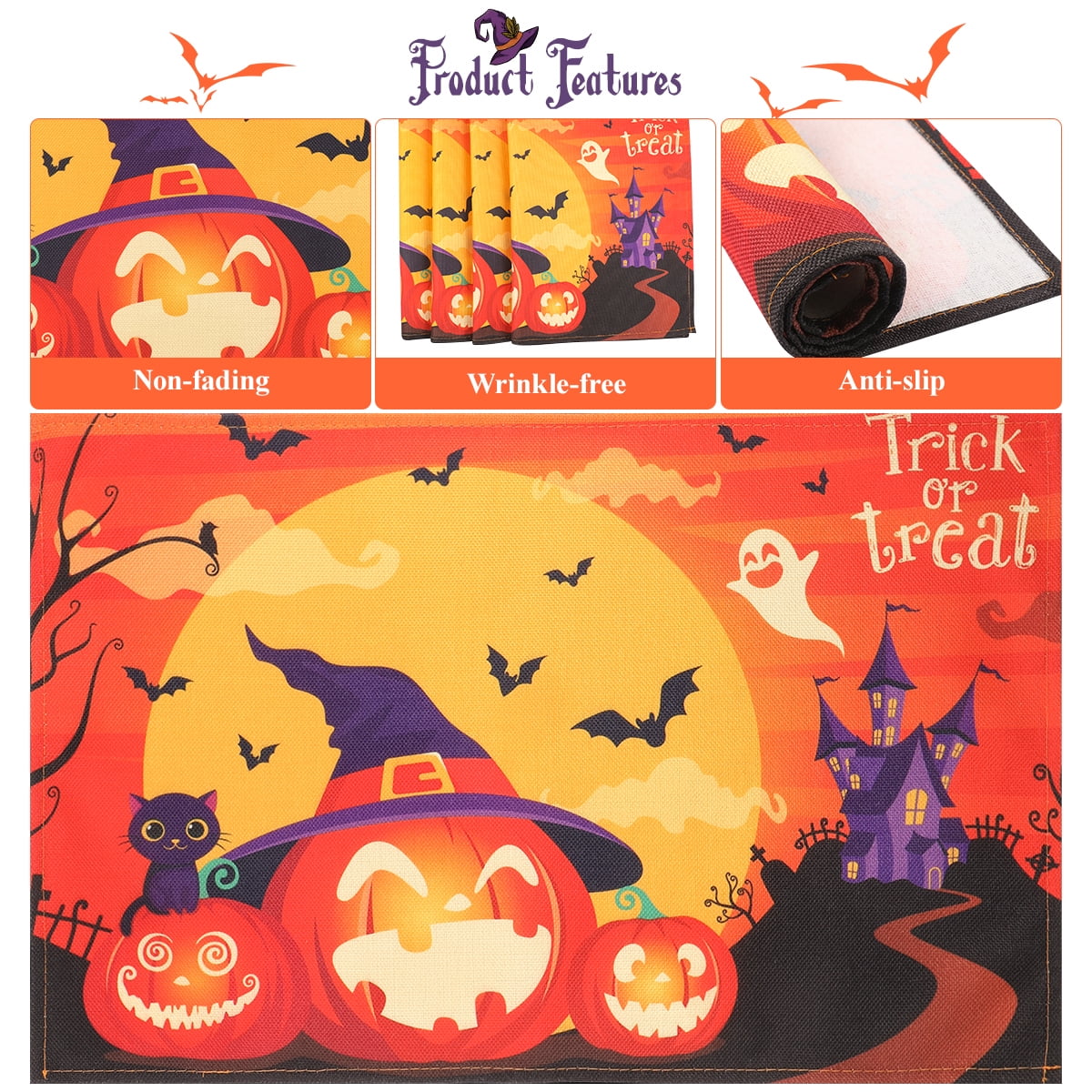 Placemats Halloween Funny Pumpkin Heat Stain Resistant Non-Slip Place Mats for Kitchen Dining Table 12 x 18 Inch 1 Pc