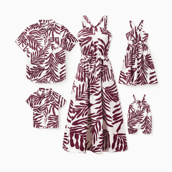 PatPat Tenues Assorties pour la Famille Chemises à Imprimé de Feuilles Rouges et Robe à Bretelles avec Ceinture pour Hawaii/croisière/centre de Villégiature/tenue Décontractée