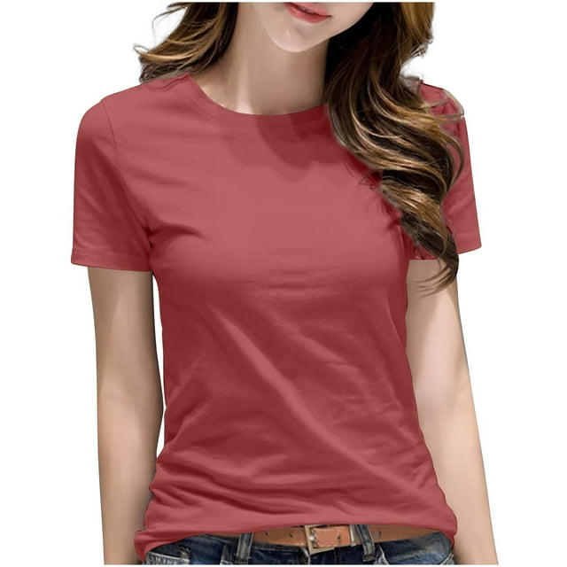 Hauts Basiques en Coton pour Femmes Grande Taille T-Shirt à Manches Courtes Chic Décontracté Coupe Classique Col Rond T-Shirts Rouge Melon D\'eau, 5TG