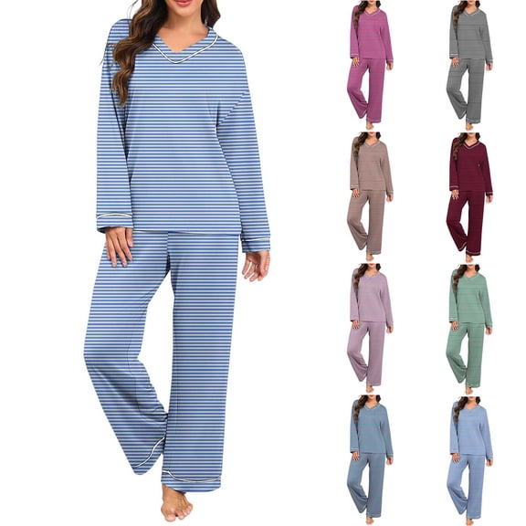 Akafmk Women's Striped Pajama Set V Neck Long Sleeve with Long Pants Loungewear Set, 2-Piece, Sizes M