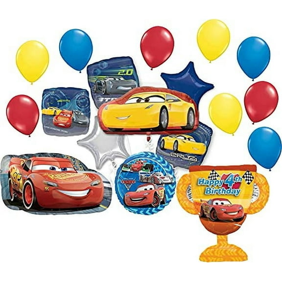 Cars Party Supplies 4th Birthday Balloon Decorations Lightning McQueen and Cruz Ramirez 18 piece Trophy Bouquet