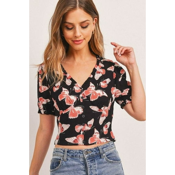 Butterfly Vneck Crop Smocked Back Waist - Black/Coral, XS
