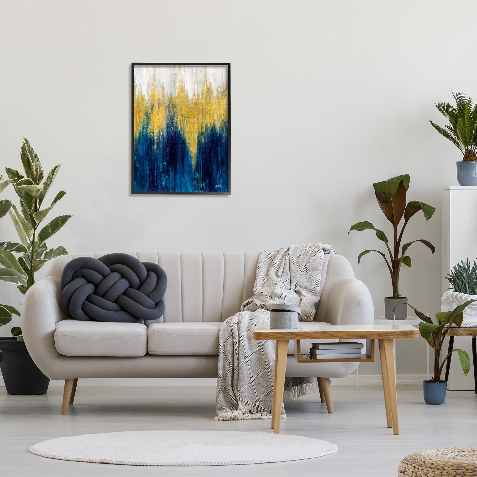 Stupell Industries Blue & Yellow Abstraction Abstract Painting Black Framed Art Print Wall Art, 24 x 30