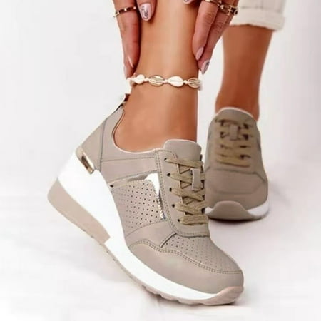 

GA Ladies Summer Fashion Leather Lace Up Round Head Breathable Thick Sole Casual Sports Shoes