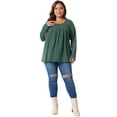 thumbnail image 3 of DARING DIVA Women's Plus Long Sleeves Square Neck Flowy Pleated Top 1X Green, 3 of 6