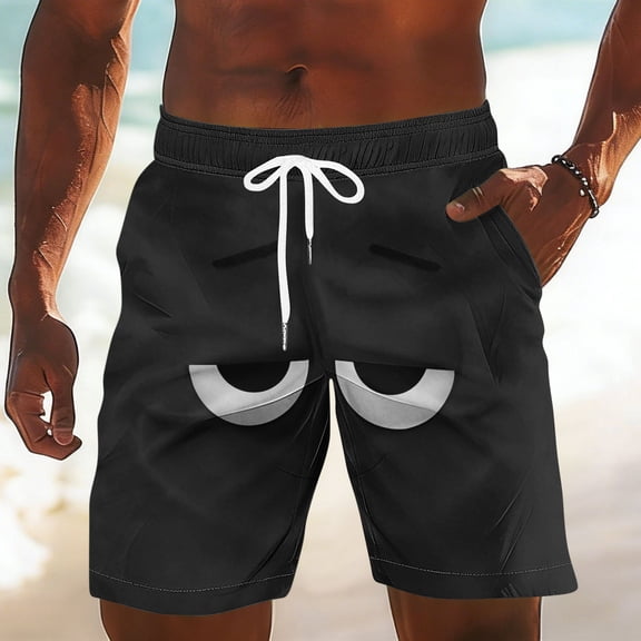 Fnnxeal Mens Funny Graphic Shorts, Black Novelty Swim Trunks with Cartoon Eye Print for Beach & Casual,Size L