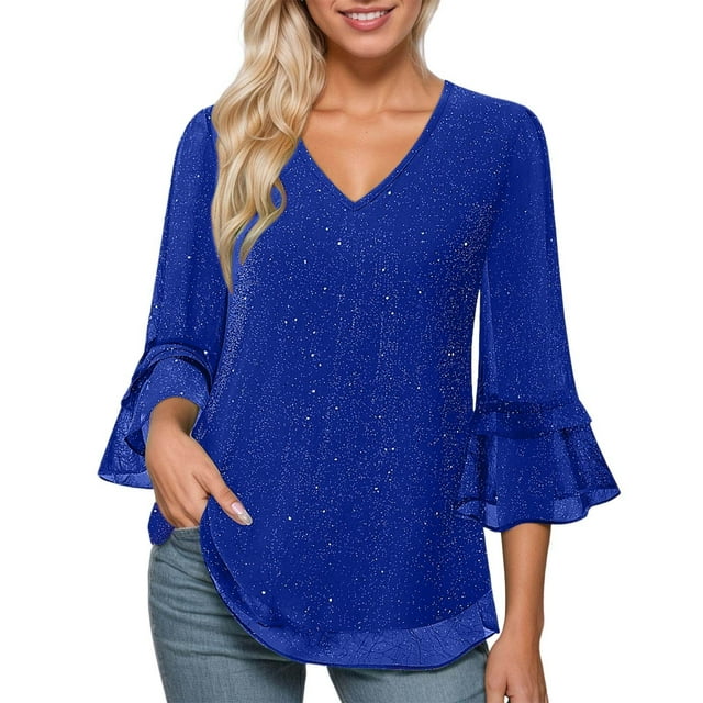 DHFJKG Shirts For Women 3/4 Sleeve Glitter Sequins V Neck Ruffle Loose Fit Soft Tee Carnival Trendy Tops