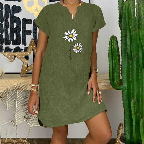 Luxalzxs Womens Cotton Linen Dress Summer Trendy Cap Sleeve V Neck Floral Graphic Print Sundress Comfy Solid Color Beach Vacation Mini Dress T Shirt Dresses