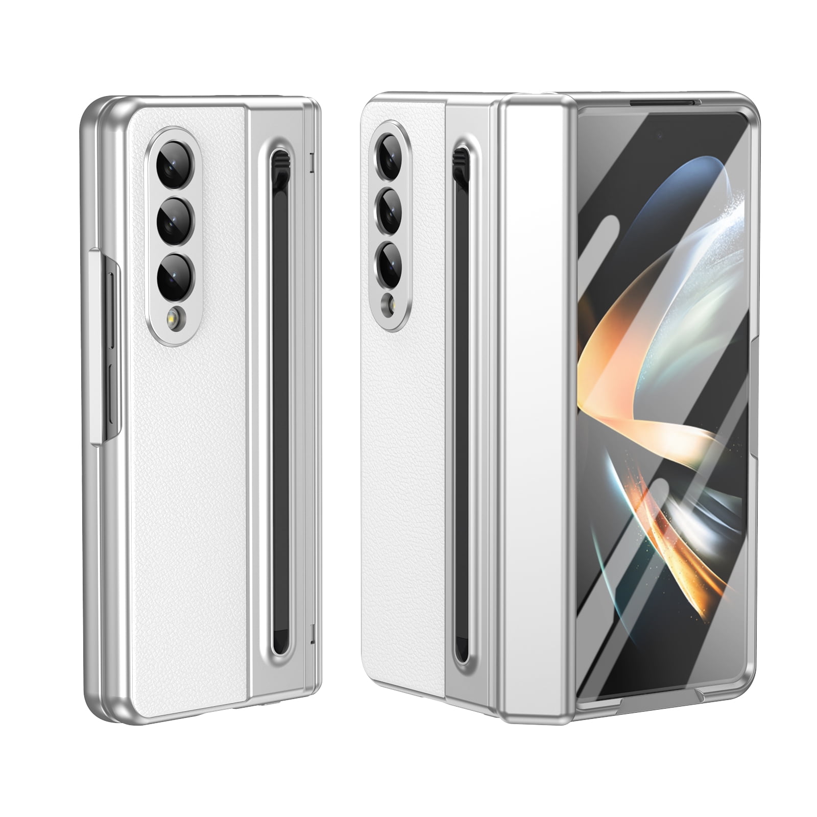 for Samsung Galaxy Z Fold 4 Case: Support All Magsafe Accessories | Fold 4 New Slim S Pen Holder & Free Stylus | Hinge Protection, PU Leather Back, Tempered Glass Screen Protector - White