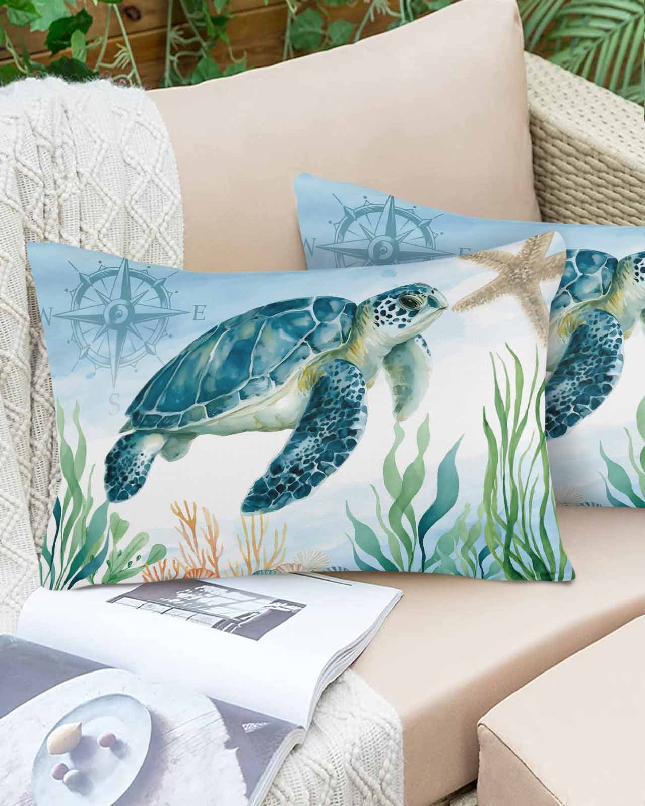 Turtle Throw Pillow Cover 24 x 36 Inch Decorative Pillow Cover Blue Ocean Coastal Nautical Compass Coral Starfish Lumbar Pillowcase Seasonal Rectangle Cushion Case for Couch Sofa Bed Living Room