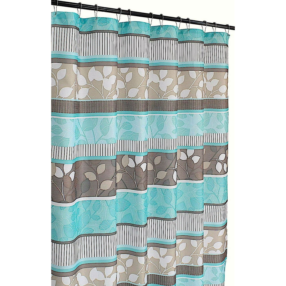 Aqua Blue Fabric Shower Curtain Primitive Striped Floral Design, Teal