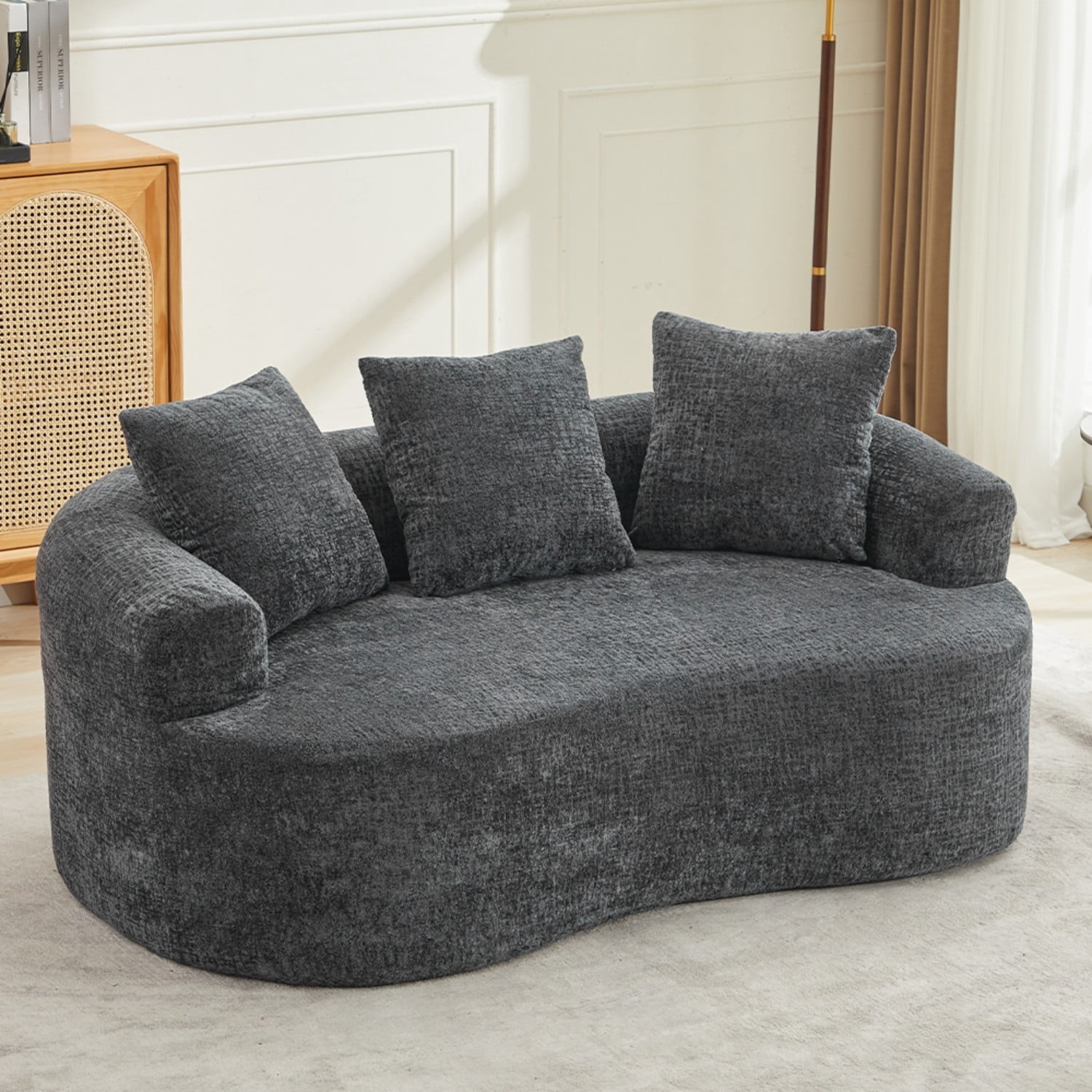 Curved Loveseat Sofa Chenille Upholstered Deep Seat 2 Seater Couch with 3 Pillows No Assembly Required for Apartment Living Room Bedroom, Grey