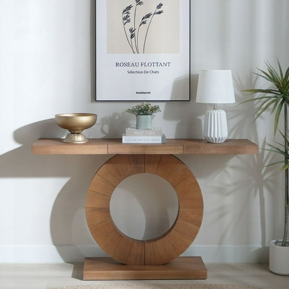 53.2in Modern Minimalist Wooden Console Table with Circular Base - Perfect for Entryway, Living Room, and Hallway Decor