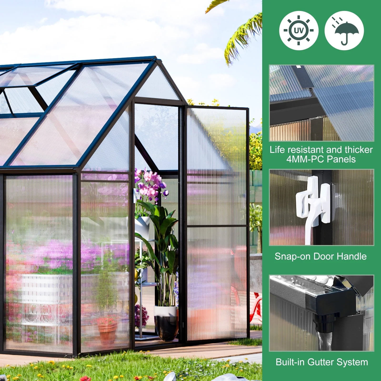 JULY'S SONG 12'x6' Outdoor Greenhouse Kit, Polycarbonate Green House for Outside w/Vent Window, Aluminum Heavy Duty Green Houses with Reinforce Connector, Lockable Walk In Greenhouses for Patio