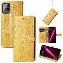 Conmpatible for T-Mobile REVVL 6 Pro 5G Wallet Case with Card Holder, Lovely Cartoon Cat & Dog Animal Embossed Pattern PU Leather Flip Cover Kickstand Magnetic Clasp Shockproof Case, Yellow