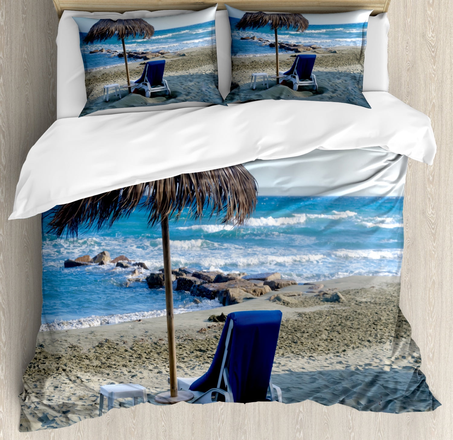 Cyprus Duvet Cover Set King Size, Lonely Wicker Umbrella and Outdoor Sunbed in a Sunny Beach at