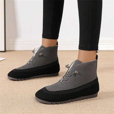 

ZMHEGW Women Boots Ladies British Style Colorblock Suede Round Toe Lace Up Flat Short Boots Shoes