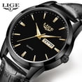 thumbnail image 2 of Reloj de cuero de lujo para hombre LIGE Cuarzo dorado y negro, 2 of 5
