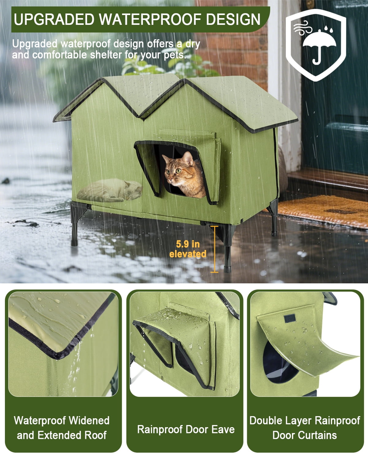 Large Outdoor Cat House Weatherproof, Elevated Feral Cat House Outdoor with a 5.9" Elevated Base, Waterproof PVC Tarpaulin roof Cat Shelter for Multiple Cats, Easy to Assemble（Green）