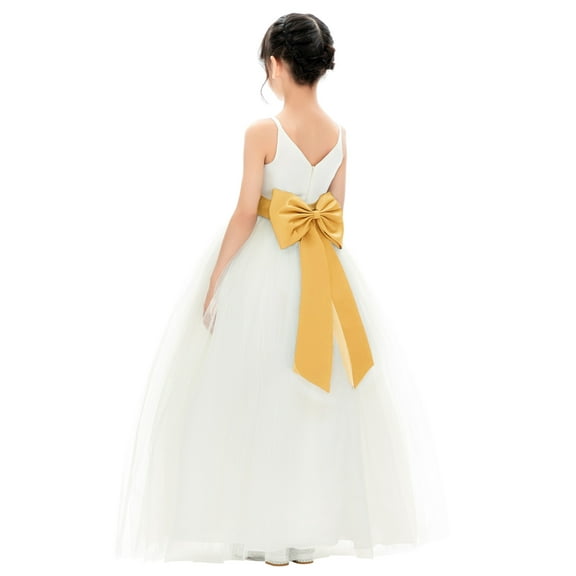 Ekidsbridal Girl Bridesmaid Flower Girl Dress - V-Neck Ivory Tulle Dress with Tiebow 218noFT-A (Size: 2-12)