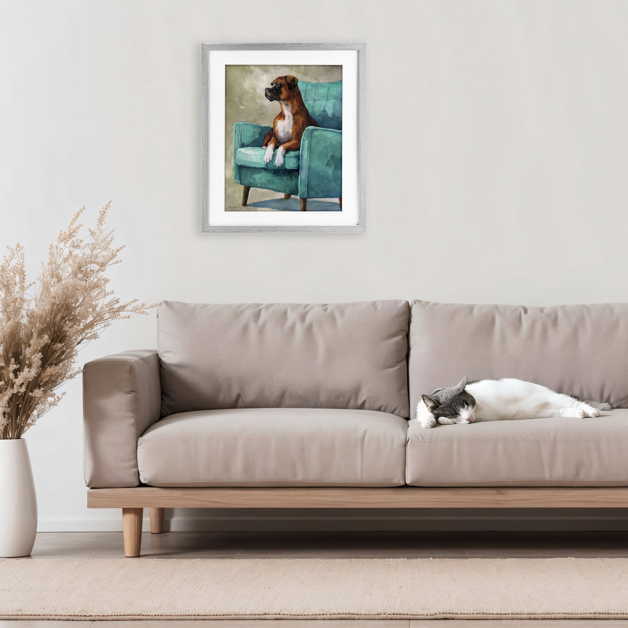 Stupell Industries Majesty Boxer on Armchair Gray Framed Print Under Glass, design by George Dyachenko