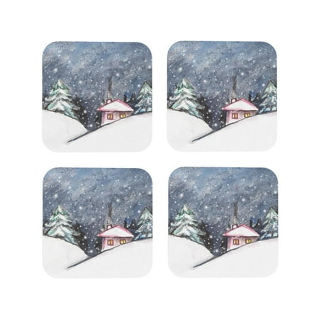 

Drink Coasters Set of 4 Watercolor Winter Landscape Leather Coasters for Coffee Table Protector Heat Resistant Cute Coasters for Home Decor Housewarming Gifts Bar Kitchen 4 Inch Square