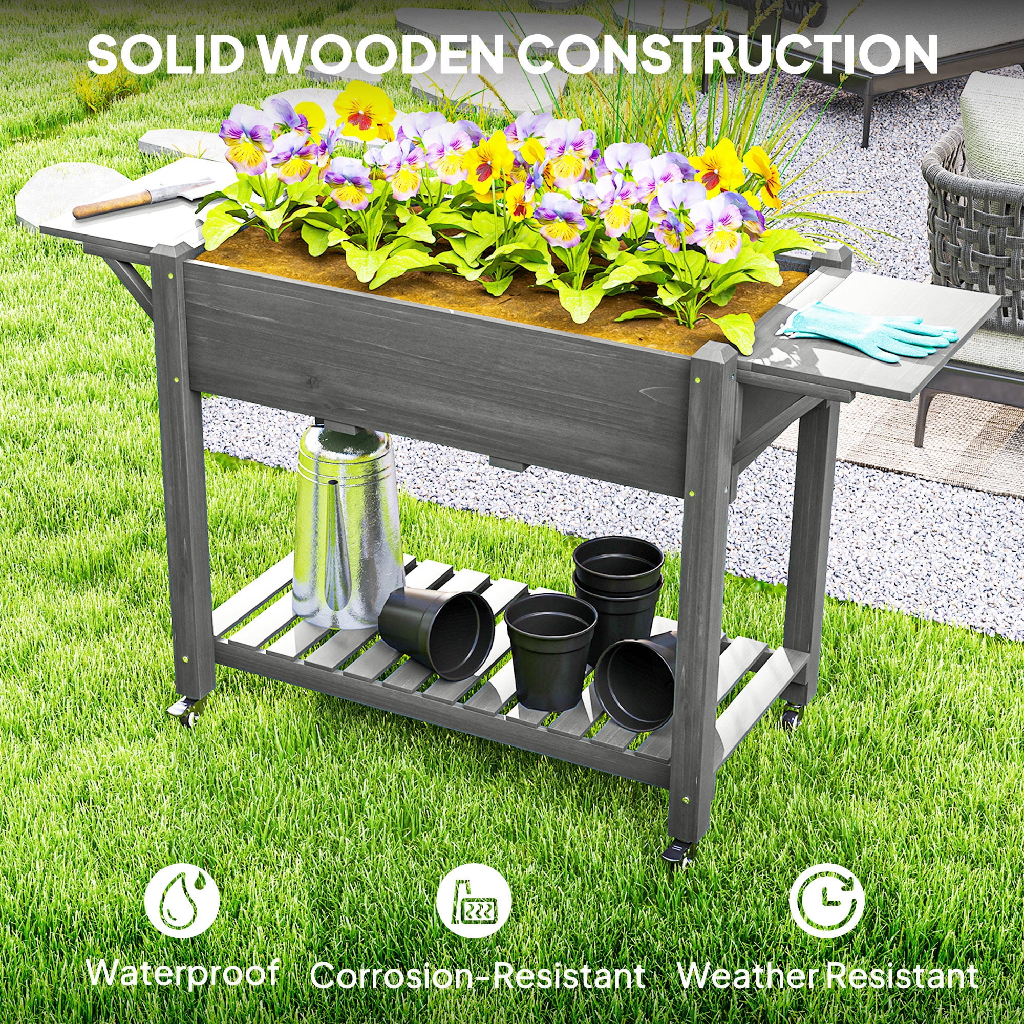 Outsunny Raised Garden Bed, Wood Elevated Planter Box with Lockable Wheels, Side Tables, Bottom Shelf, Bed Liner and Drainage Holes, Gray