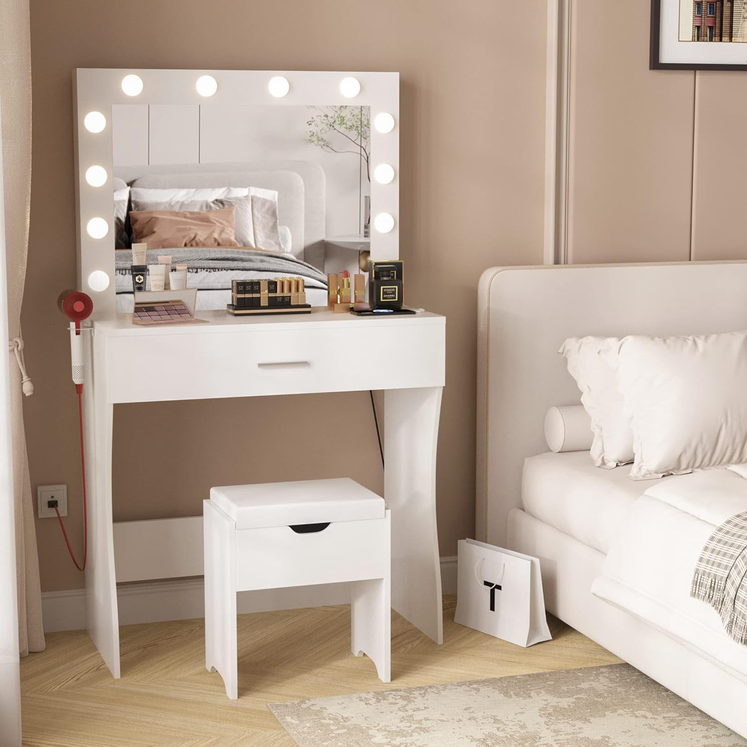 VEANERWOOD Vanity Set with 3 Color Lighted Mirror Makeup Table 55" with Charging Station Large Drawer, White