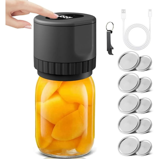Mason Jar Vacuum Sealer Kit, Cordless Electric Vacuum Sealer for Jars with Wide-Mouth and Regular-Mouth Jar Lids and Time Display Screen, Used for Food Storage/Food Fermentation/Canned Fruits