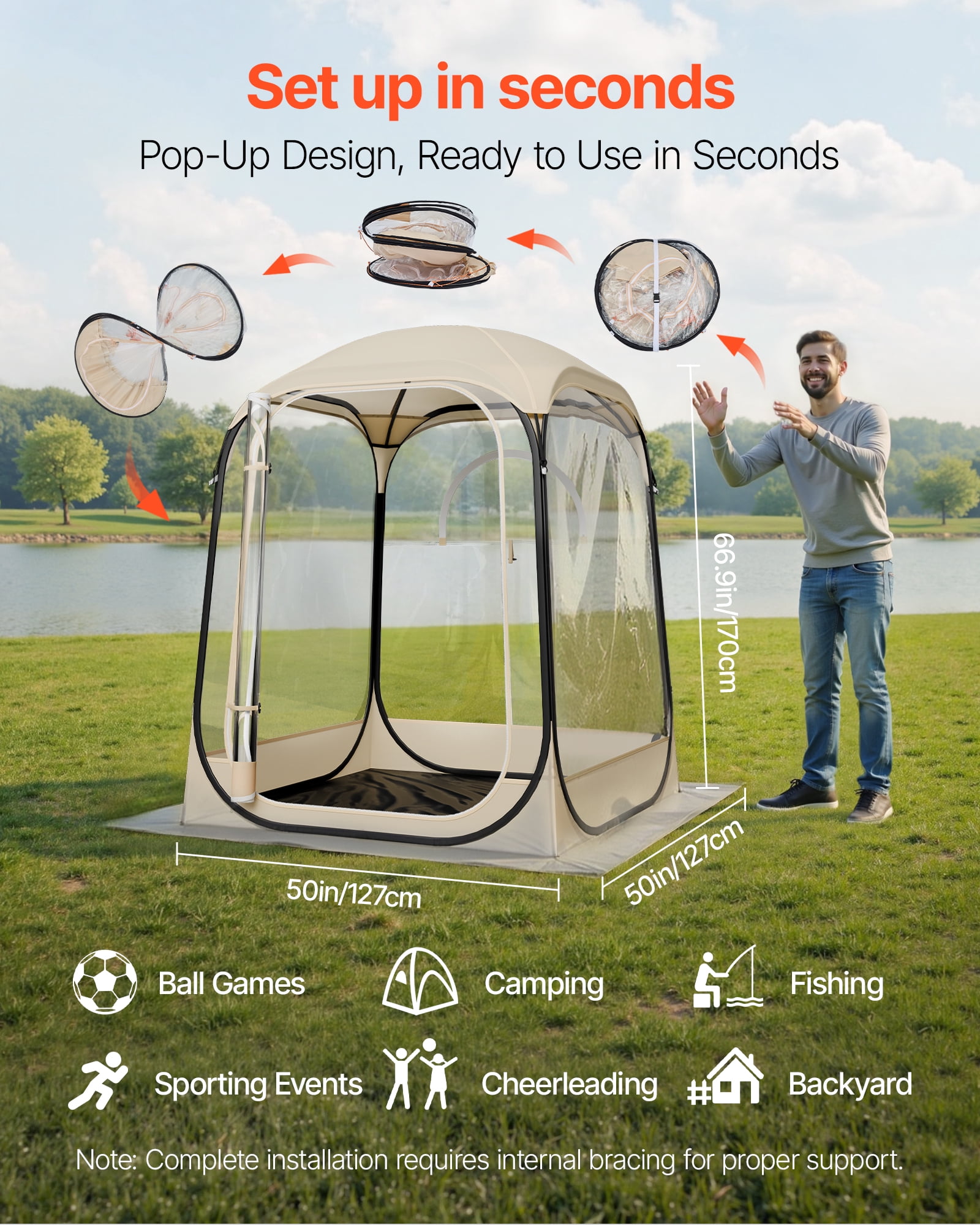 VEVOR Pop up Sports Tent, 50x50 in Clear Bubble Tent for 1 Person, Waterproof Outdoor Pod with Floor Mat & Top Cover, Garden Igloo Dome Tents Camping Shelter for Events Fishing Cheering