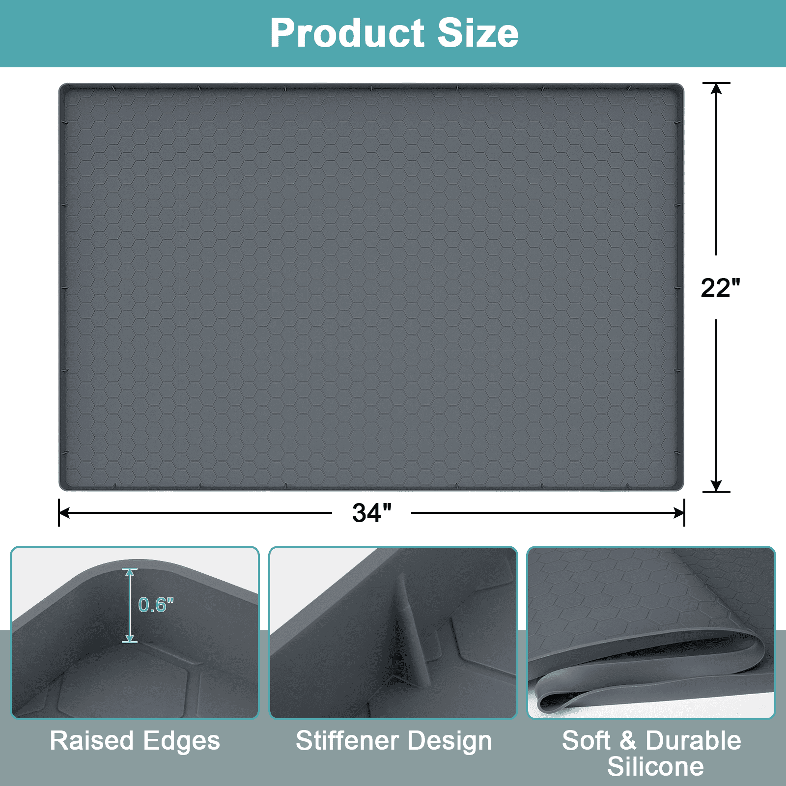 Waterproof Silicone Under Sink Mat with Lip for Kitchen and Bathroom, Under Kitchen Sink Mats and Protectors for 34" x 22" Cabinets, Under Sink Tray Organizer, Shelf Liners Cabinet Liner, Gray