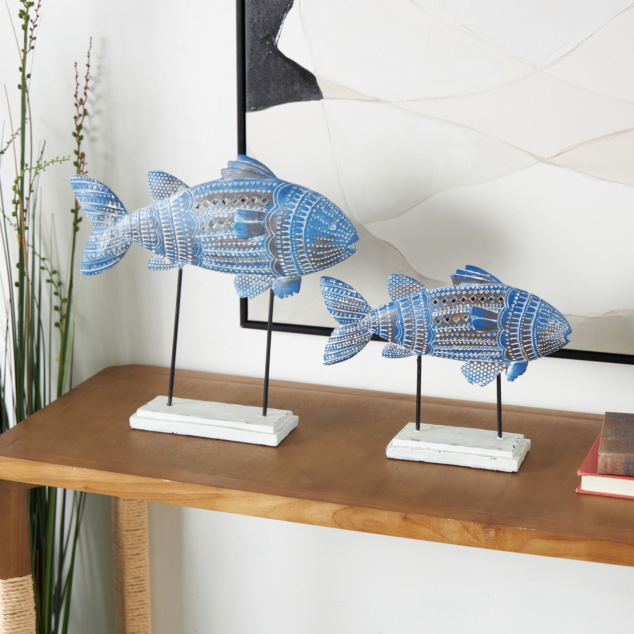 14", 10"H Blue Polystone Tribal Patterned Fish Sculpture with White Carvings and Mirrored Accents, by DecMode (2 Count)