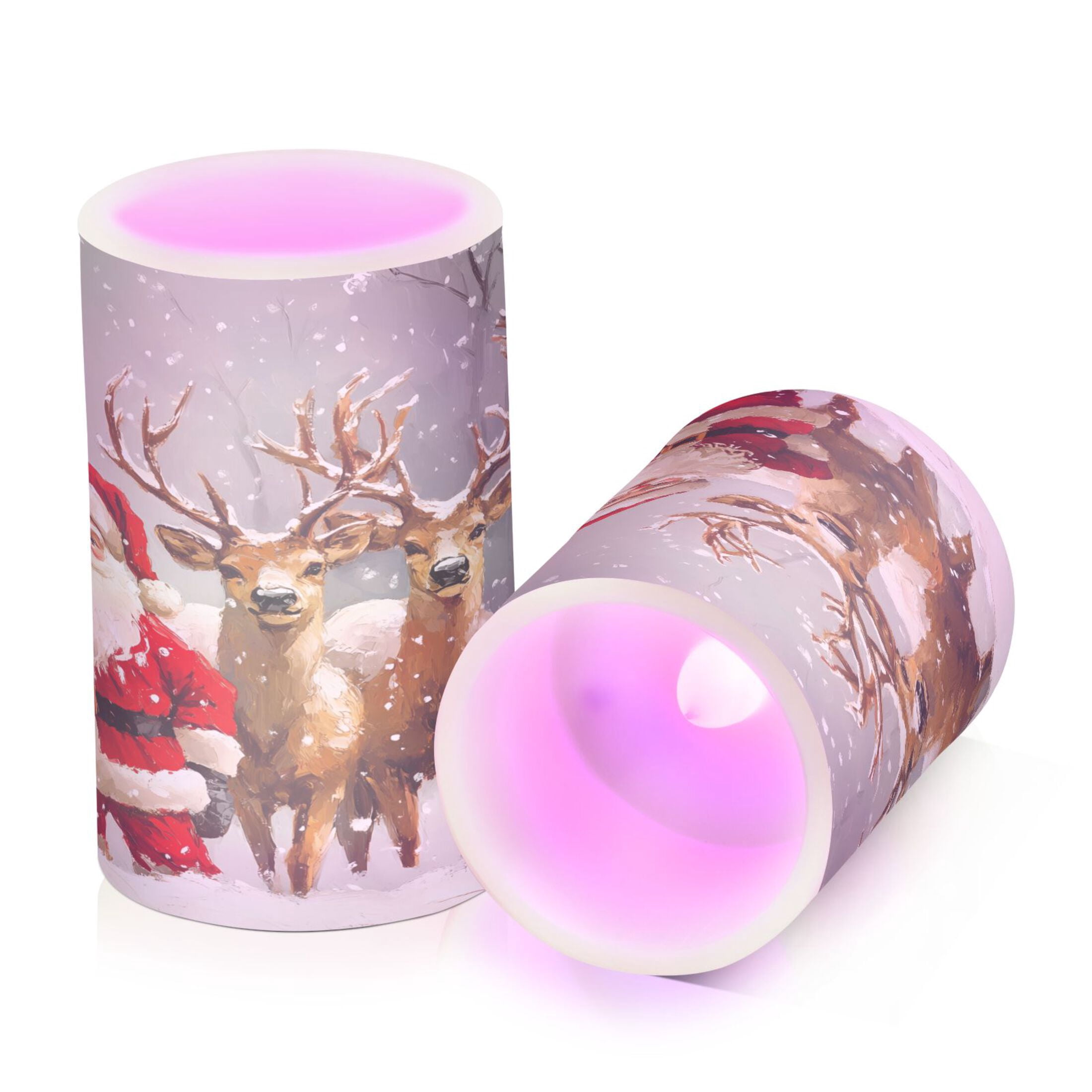 Flickering Flameless LED Candles set of 2 Battery Operated 18-Key Remotes Timer Halloween Fall Decor Christmas Santa Claus with Deers D3''xH4''5''