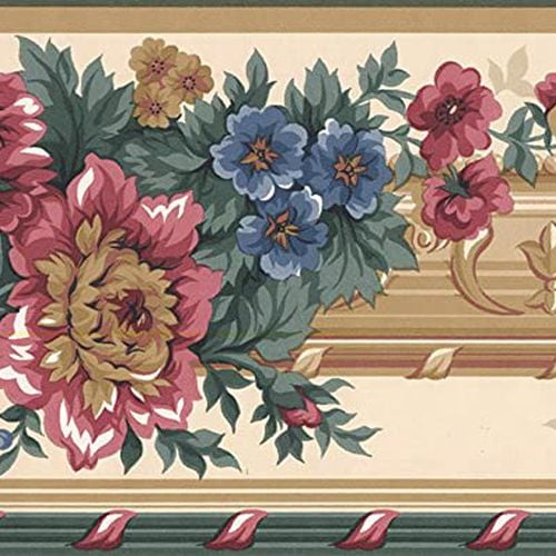 Concord Wallcoverings Elegant Floral Wallpaper Border Featuring Multicolored Flowers and Leaves