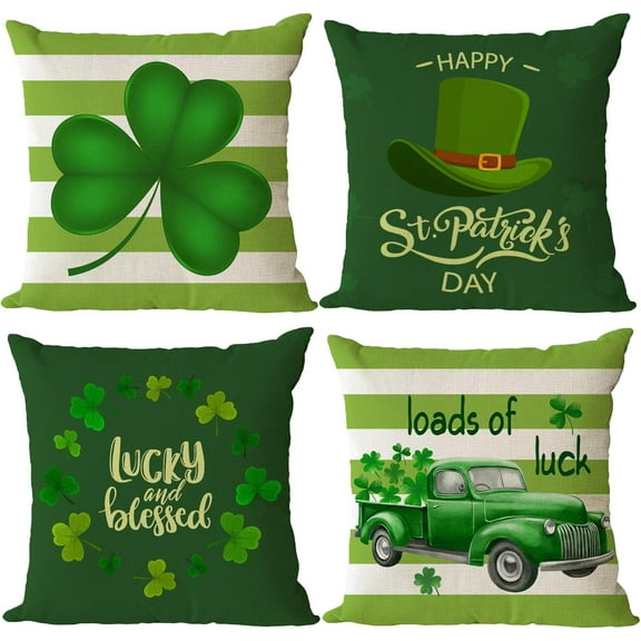 St Patricks Day Throw Pillow Covers 20x20 Set of 4 Green Plaid Decorative Pillow Covers Saint Patricks Day Shamrock Clover Truck Cushion Covers Pillow Cases for Home Outdoor Sofa Decoration（20 inch）