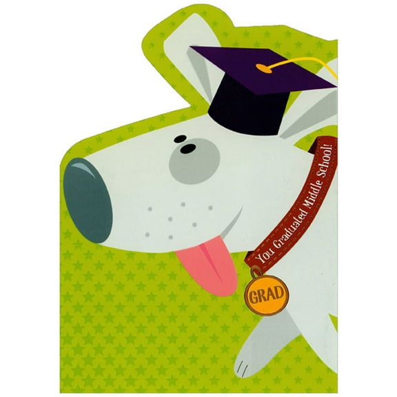 Designer Greetings Die Cut Grey Dog : Brown Collar : Orange GRAD Tag Z-Fold Middle School Graduation Congratulations Card