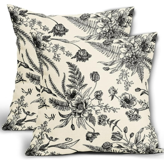 Black Cream Flowers Pillow Covers 18x18 Inch 2 Packs Morden Black Floral Throw Pillows Vintage Black and Cream Decorative Cushion Cover for Patio Furniture Sofa Bedroom Indoor/Outdoor Party