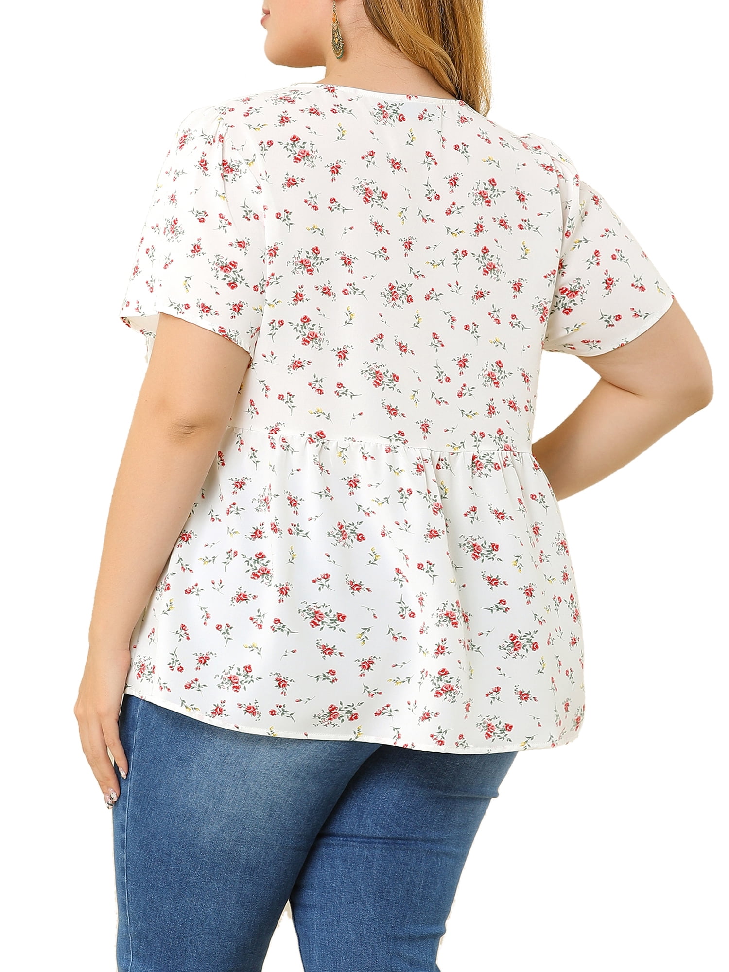 DARING DIVA Women's Plus Floral V Neck Short Sleeve Peplum Top 3X White