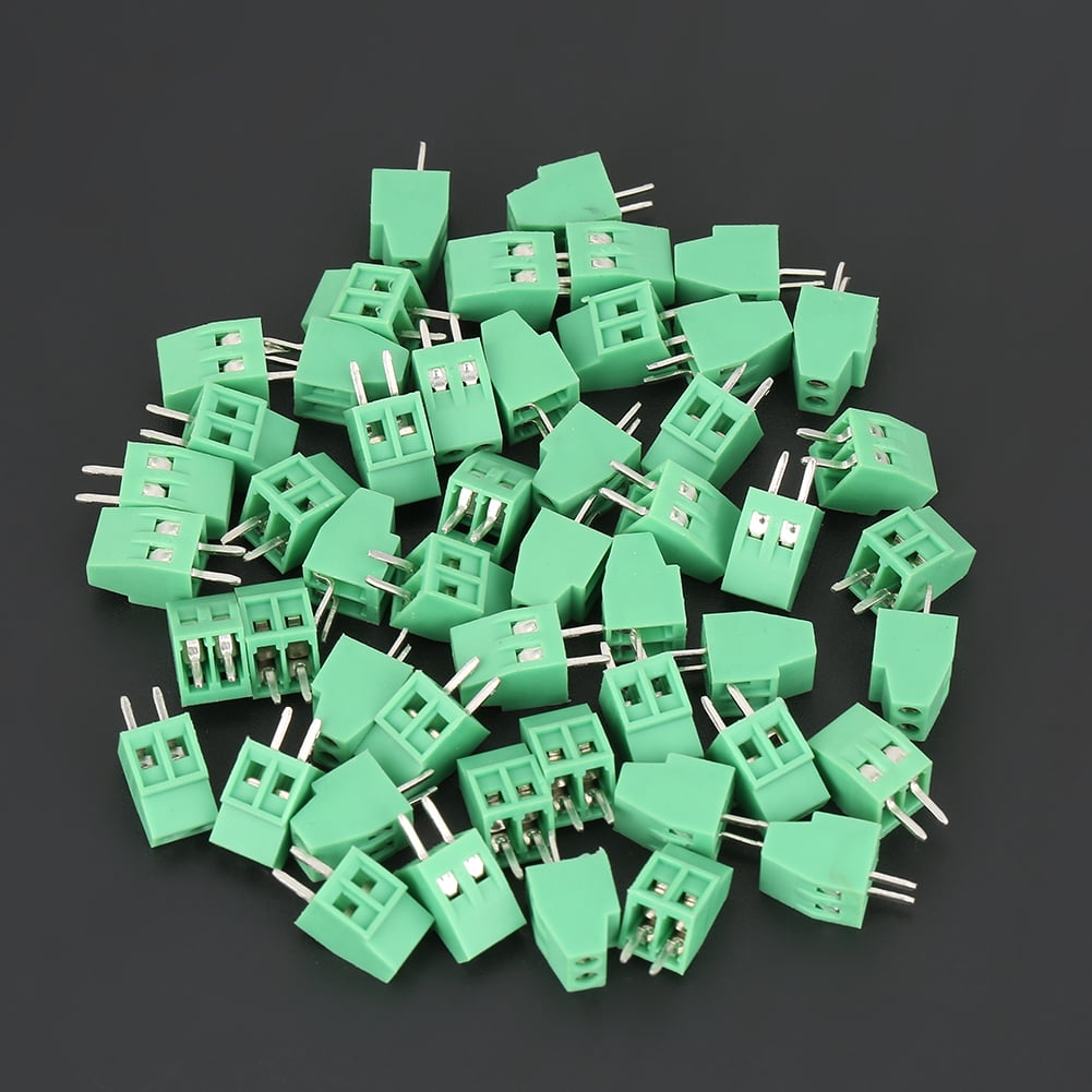 50-Pack 2.54mm Pitch 2-Pin Screw Terminal Blocks - PCB Connectors (Green)