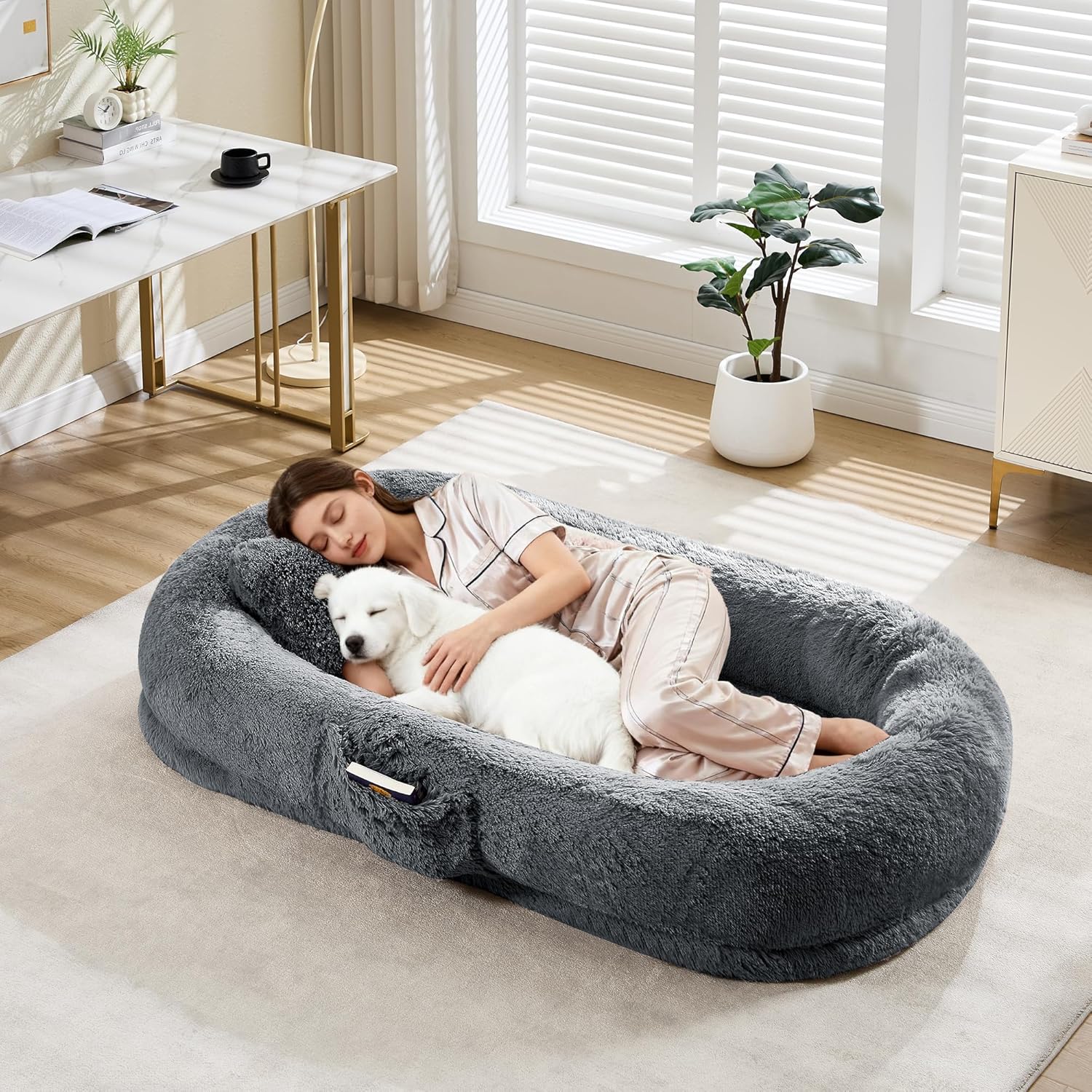 Acekid Human Dog Bed 67 Inch Adult Pets No Assembly Required Washable Fluffy Faux Fur Orthopedic Dog Bed Plump Pi